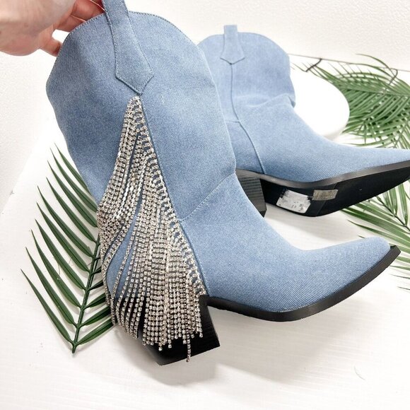 Azalea Wang Blue Denim Rhinestone Fringed Wide Calf Ankle Boots Size 7 Cowboy - Picture 11 of 13